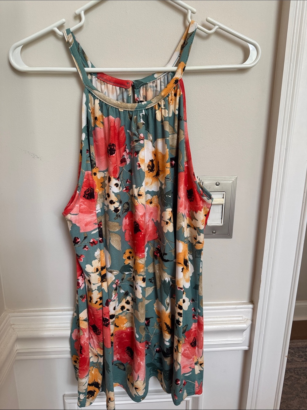 Papermoon Teal Floral Halter Tank with Coral and Yellow Blooms